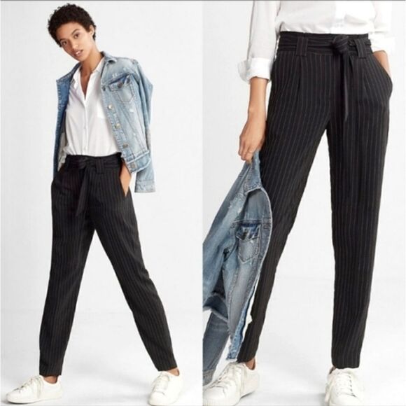 Express Ankle High Rise Pleated Paper Bag Belted Pinstripe Dress Pants 8 R - Picture 1 of 10